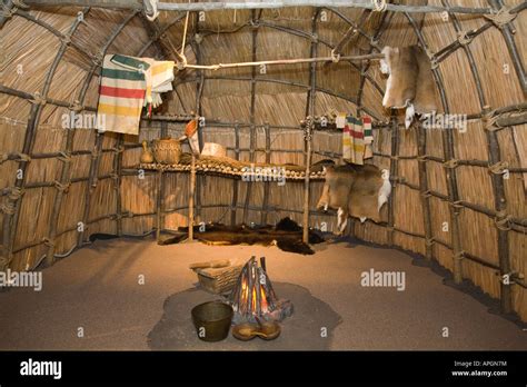 ILLINOIS Rockford Interior of wigwam Native American house plains Indians blankets pots and ...