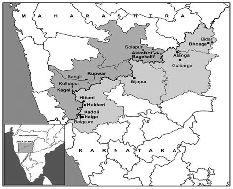 Map showing location of Kupwar in Sangli district and other research ...