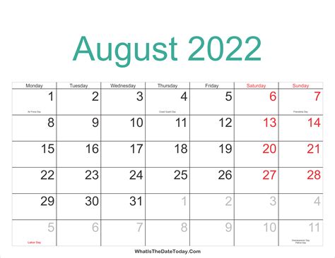 August 2022 Calendar Printable with Holidays | Whatisthedatetoday.Com