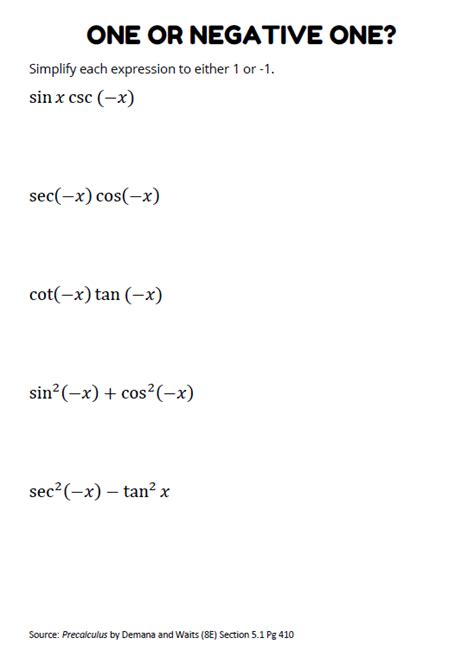 One or Negative One Trig Identities Worksheet | Math = Love