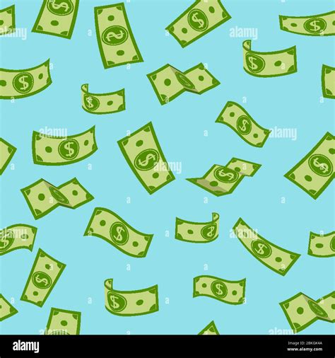 Money rain flat cartoon seamless pattern. Green paper notes flying in air. Money banknotes ...