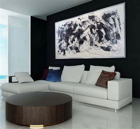 Extra Large Panoramic Modern Abstract Wall Art Hand Painted Black and White Contemporary Thick ...