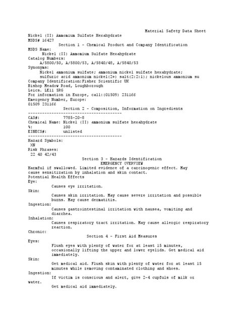 MSDS Nickel (II) Ammonium Sulfate | Dangerous Goods | Nickel