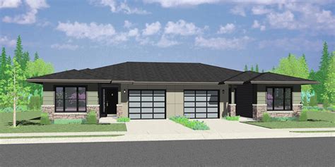 One Story Duplex House Plan With Two Car Garage By Bruinier & Associates | Prairie style houses ...