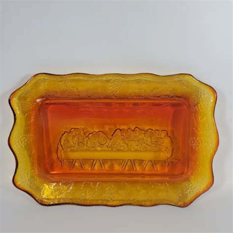 VINTAGE LAST SUPPER AMBERINA Red Orange GLASS Bread Plate Tray Indiana ...