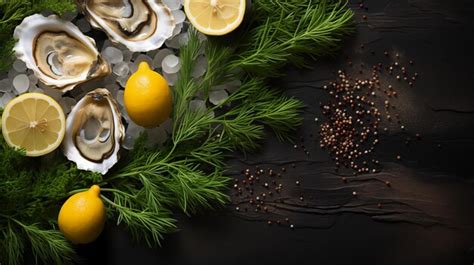 Premium AI Image | Open oysters with lemon slices herbs and spices on a ...