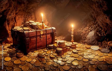 Old pirate treasure chest hidden in a cave, many gold coins and lights ...