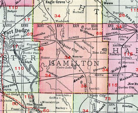 Hamilton County, Iowa, 1911, Map, Webster City, Jewell, Stratford, Stanhope