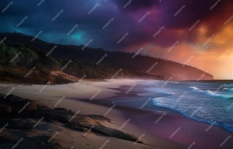 Premium AI Image | A beach with a purple sky and a sunset in the background