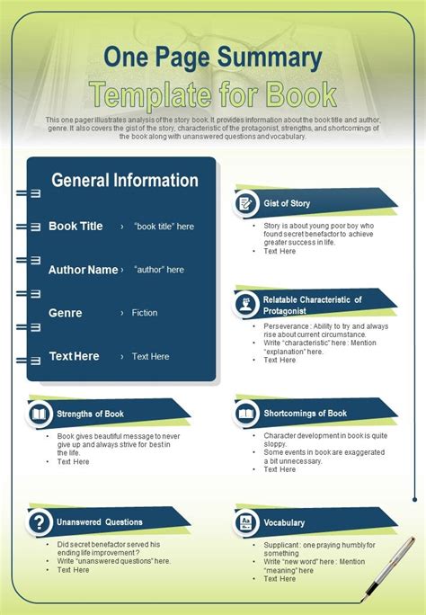 One Page Summary Template For Book Presentation Report Infographic PPT ...