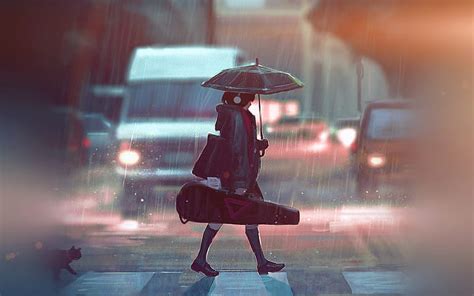 3840x2160px | free download | HD wallpaper: Anime, Original, Girl, Rain, Umbrella, Violin ...