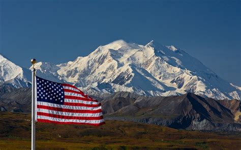 Flag of the United States, mountain landscape, American flag, July 4, national symbol, US flag ...