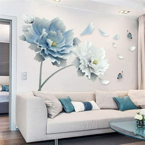 OIENS 23X35In 3D Large White Blue Flower Lotus Butterfly Removable Wall Stickers Wall Art Decals ...