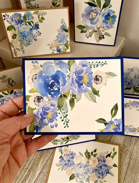 Watercolor Hydrangea Note Cards/stationary Note Cards/10 Pack Note Cards/greeting Cards/navy and ...