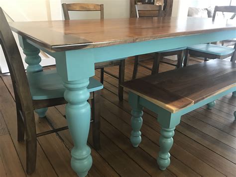 Walnut top teal farmhouse dining table with bench and chairs | Dining table with bench ...