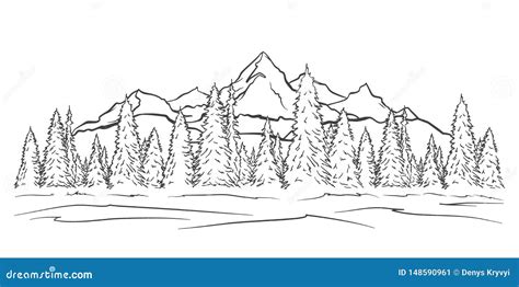 Hand Drawn Mountains Sketch Landscape with Peaks and Pine Forest. Line Design Stock Vector ...