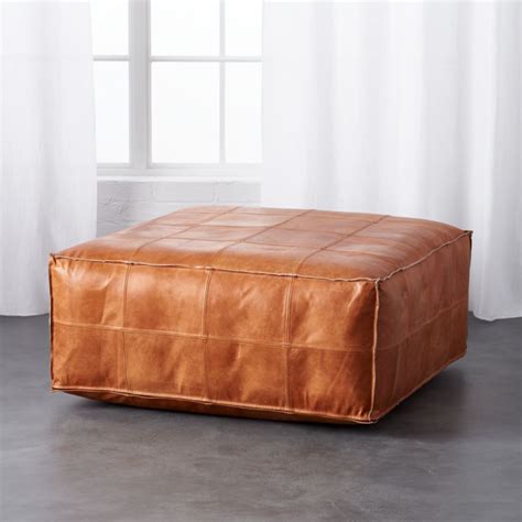 Large Hand-Stitched Brown Leather Ottoman Pouf + Reviews | CB2 Canada