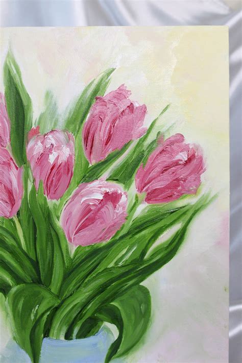 Original oil painting on canvas. Pink tulips are delicate | Etsy