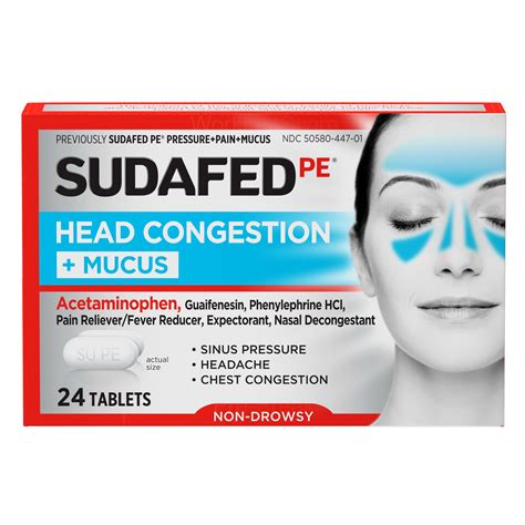 Sudafed PE Head Congestion + Mucus Non-Drowsy Relief Tablets, 24 ct ...