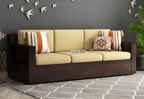 Buy Marriott 3 Seater Wooden Sofa (Walnut Finish, Irish Cream) Online in India - Wooden Street