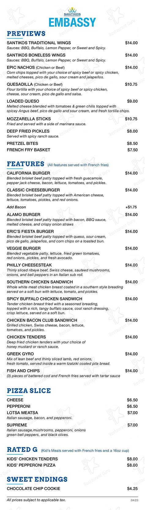 Menu at Santikos Entertainment Embassy restaurant, San Antonio, Embassy Rd