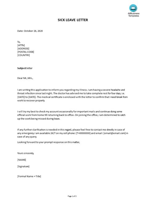 Continuous Sick Leave Letter | Templates at allbusinesstemplates.com