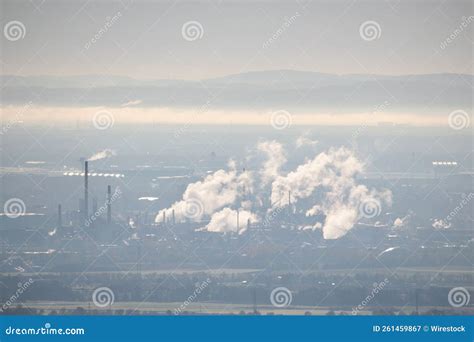 View of a Factory and Industrial Zone through the Fog and Smog, the Concept of Air Pollution ...