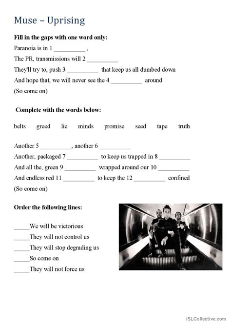 Song worksheet - Uprising by Muse: English ESL worksheets pdf & doc