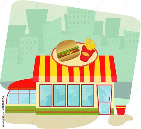 Fast Food Restaurant - Cartoon illustration of a fast food restaurant and cityscape in the ...