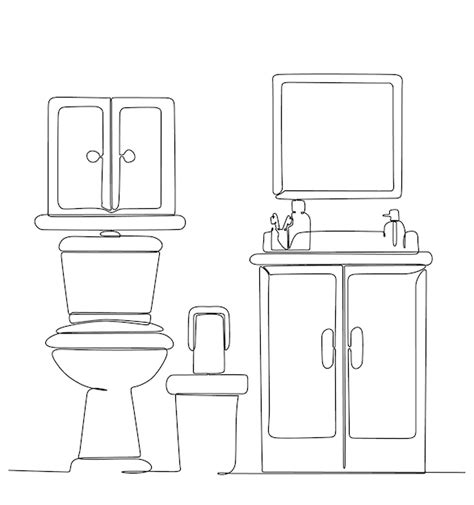 Premium Vector | A drawing of a bathroom with a toilet and a mirror on the wall