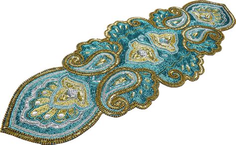 Linen Clubs Hand Made Beaded Table Runner 13x36 Inch in mini paisley design Teal silver gold ...