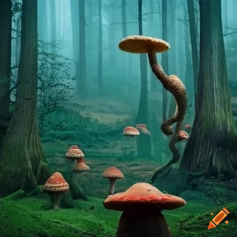 Fantastical forest with towering mushrooms and eerie creatures