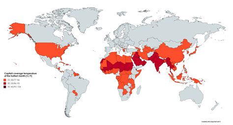 Countries whose capital's average temperature of the hottest month is ...