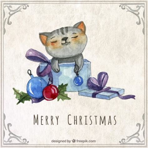 Watercolor cat christmas card Vector | Free Download