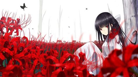 Red Eyes, Anime Girl, Butterfly, Flowers, Black Hair, anime red banner HD wallpaper | Pxfuel