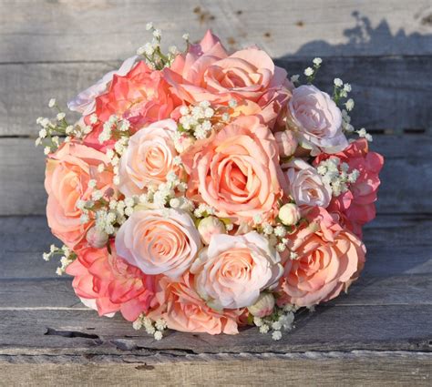 Peach Rose Wedding Bouquet Silk Flower Bouquet made with