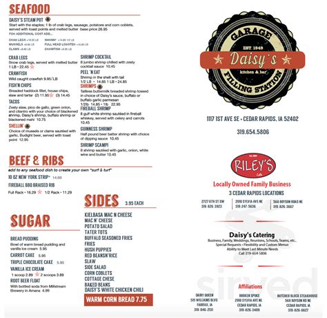 Daisy's Garage Bar & Grill menu in Cedar Rapids, Iowa