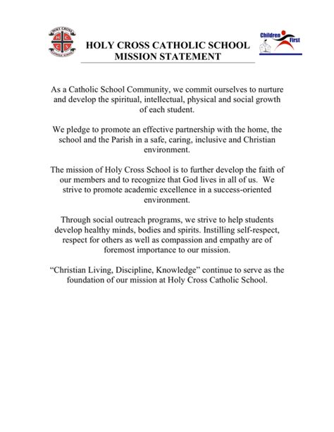 HOLY CROSS CATHOLIC SCHOOL MISSION STATEMENT