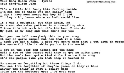 Love Song Lyrics For:your Song-Elton John - Free Printable Song Lyrics ...