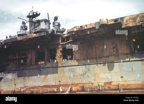 Port side amidships detail of USS Franklin (CV-13) in April 1945 Stock ...