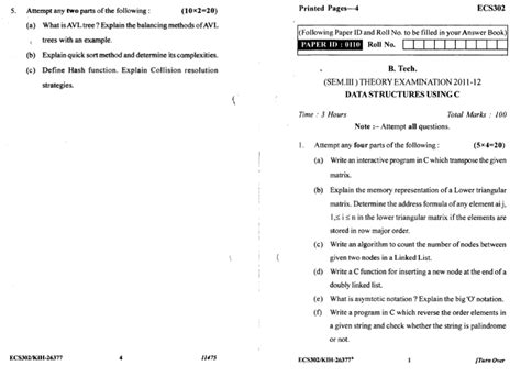 Mahamaya Technical University Data Structure using C 2012 Question Paper - University Question ...