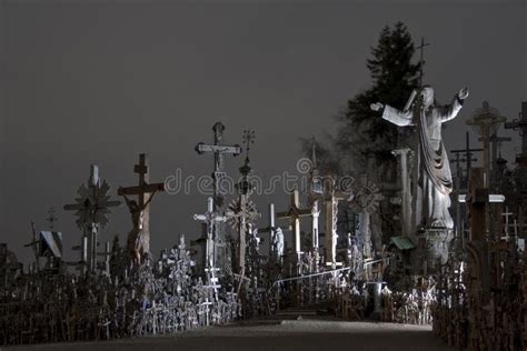 Hill of Crosses at Night, Mysterious Spooky Scary Stock Image - Image ...