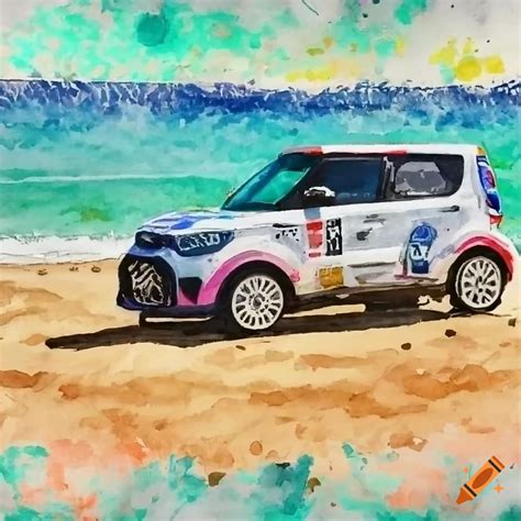 Watercolor of a kia soul rally car on the beach on Craiyon