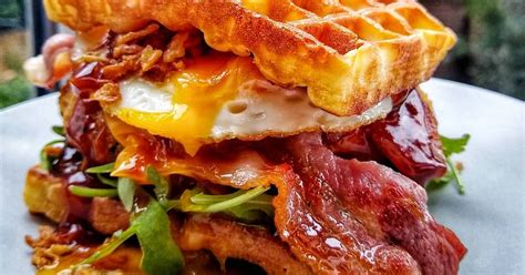 Southern Chicken Waffle Burger With Egg & Maple Glazed Bacon Recipe by Natalie Marten (Windsor ...