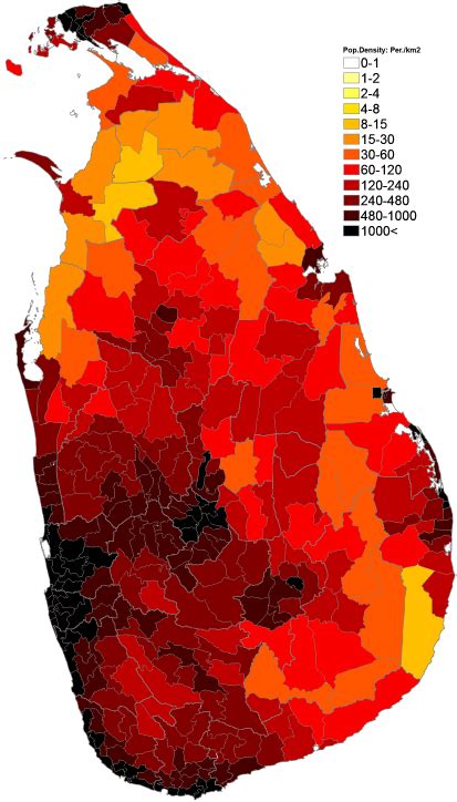 48.Population density (administrative boundaries) map of Sri Lanka. Подробная карта плотности ...