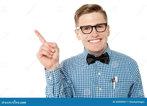 Smiling nerd pointing away stock image. Image of spectacles - 33859847