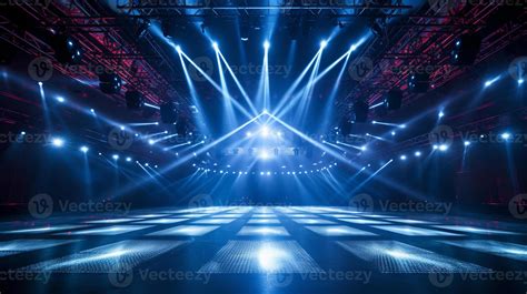 blank live show stage with fantastic dazzling blue laser lighting in big hall. performance show ...