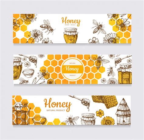 Premium Vector | Honey banners. Vintage hand drawn bee and honeyed flower