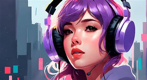 Premium AI Image | Anime gamer girl with purple hair wearing headphones