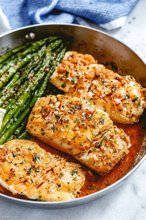 Garlic Butter Cod with Lemon Asparagus Skillet | Fish recipes healthy ...